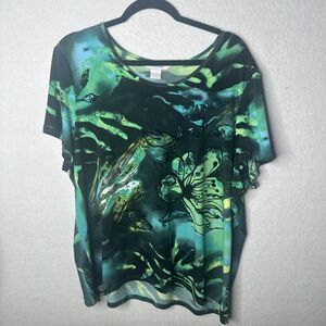 TanJay Womens 1X Tunic Top vibrant teal green abstract floral print Short Sleeve